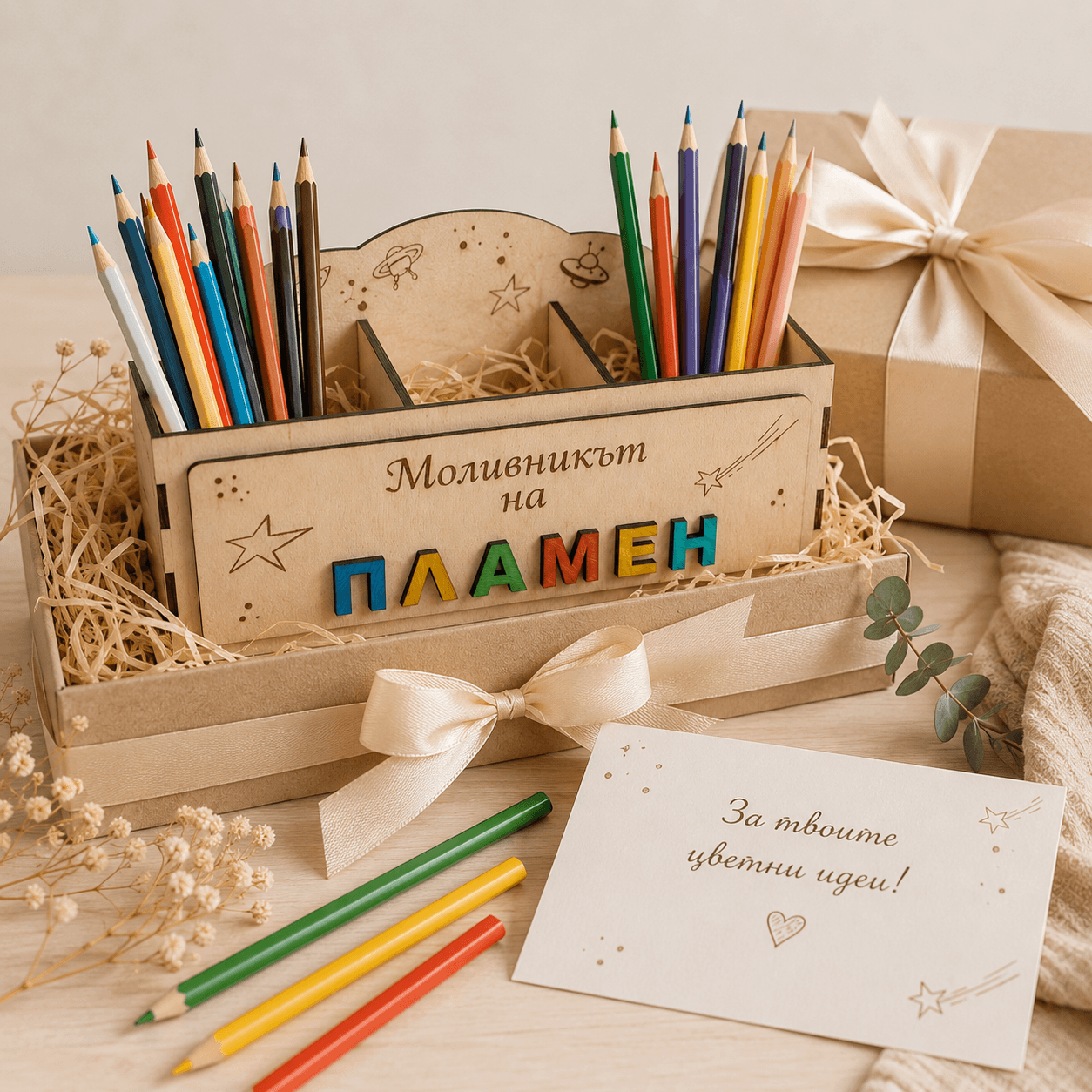 Персонализиран моливник с цветни букви и ученически пособия